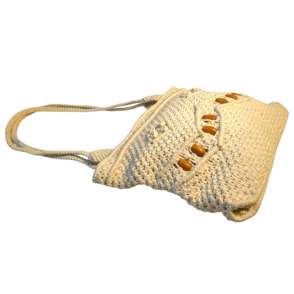 Vintage Handmade Woven Cotton Wood Beaded Handbag / Purse Boho Hippie - Picture 2 of 7